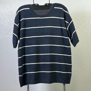 NYDJ Women’s Striped Crew-Neck Sweater w/ Short-Sleeves Oxford Navy Size M